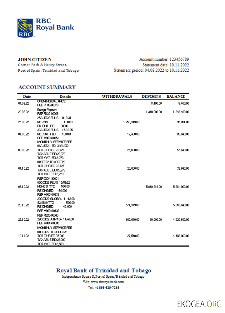 Relevé bancaire royal de Trinité et Tobago, modèle Excel et PDF